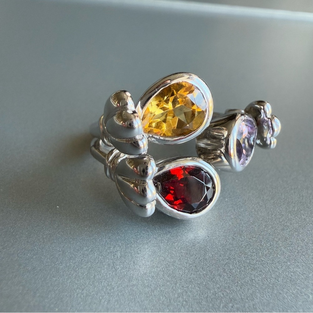 Multi Gems Amethyst Garnet Citrine Sterling Silver Adjustable Ring J&T D… - Picture 3 of 10